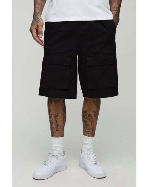 BoohooMAN Black Tall Side Panel Drawcord Relaxed Cargo Shorts for men