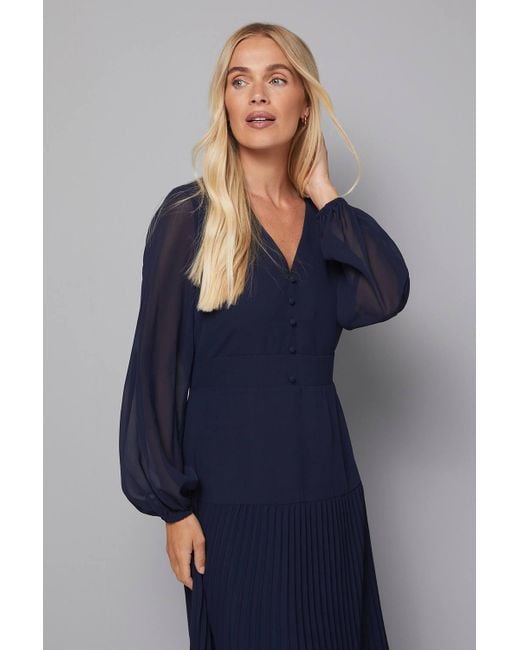 Wallis Blue Petite Chiffon Button Detail Midi Dress