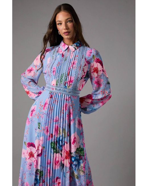 Coast Purple Pleated Printed Long Sleeve Midi Dress With Lace Trim
