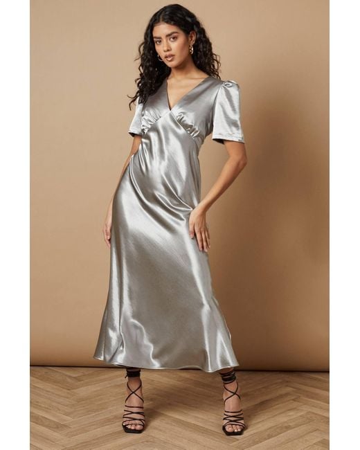 Oasis Women's Natural Petite Metallic Satin Midi Dress
