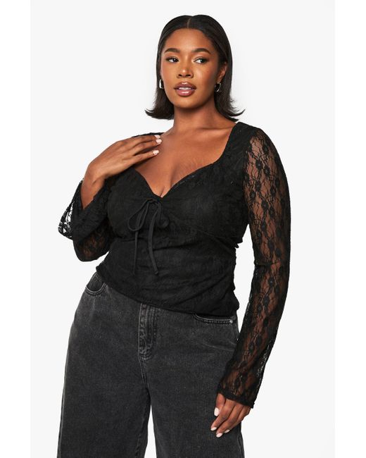 Boohoo Black Plus Tie Front Long Sleeve Flare Sleeve Top
