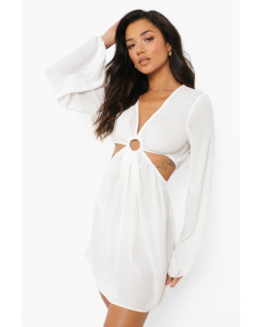 Boohoo Chiffon O Ring Detail Cut Out Beach Dress In White Lyst