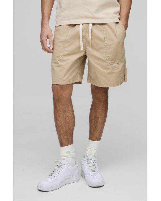 BoohooMAN Natural Elasticated Baggy Twill Split Hem Shorts for men