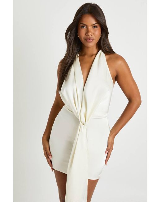 Boohoo Women's White Satin Halter Neck Plunge Drape Detail Mini Dress