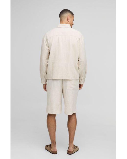 BoohooMAN Oversize Leinen-Overshirt mit verdeckter Knopfleiste in Natural für Herren