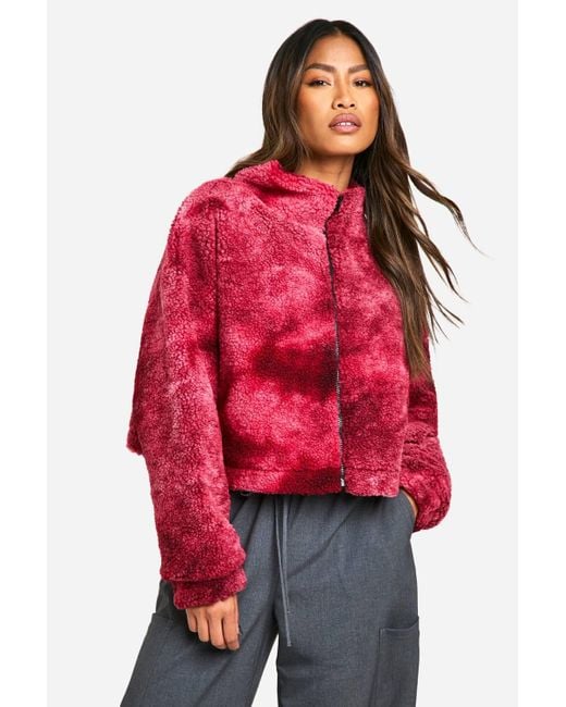 Boohoo Red Boxy Tie Dye Print Teddy Bomber Jacket