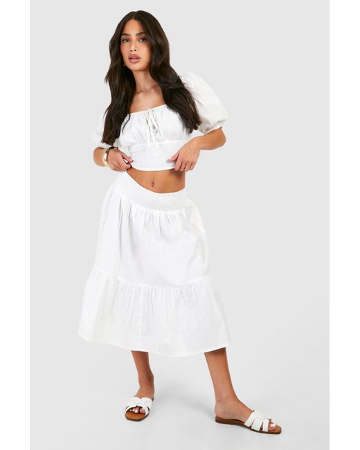 Boohoo White Petite Shirred Waistband Woven Midi Skirt