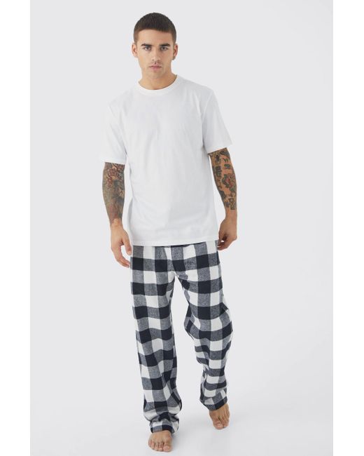 BoohooMAN Woven Check Pyjama Bottoms And T shirt Set in Blue for