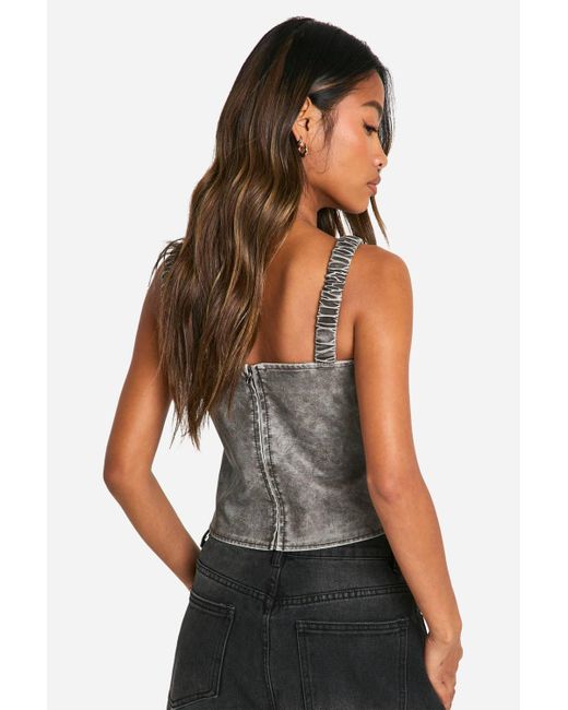 Boohoo Black Washed Faux Leather Ruched Strap Corset