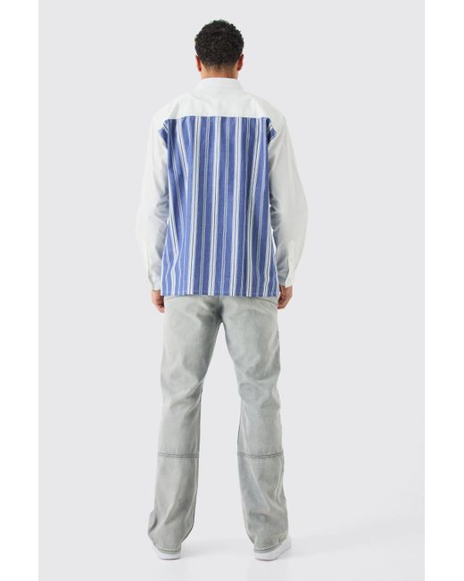 BoohooMAN Oversized Long Sleeve Poplin Panel Stripe Shirt in Blue für Herren