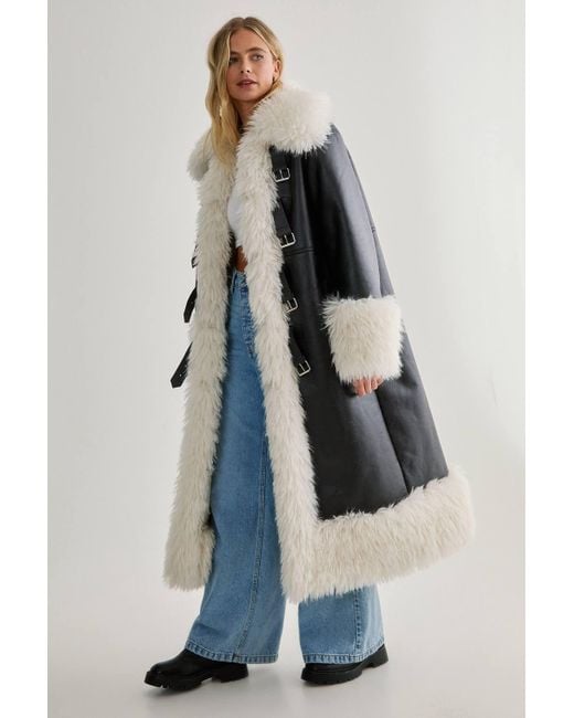 Nasty Gal Blue Plush Collar Bonded Maxi Aviator