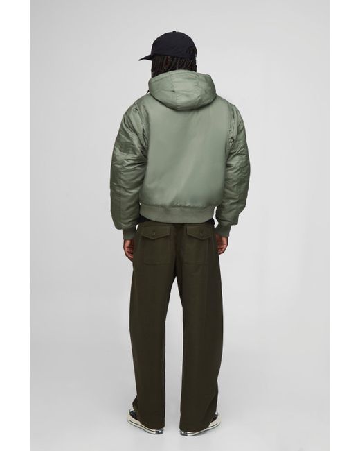 BoohooMAN Green Oversized Boxy Curved Hem Hooded Nylon Bomber Jacket for men