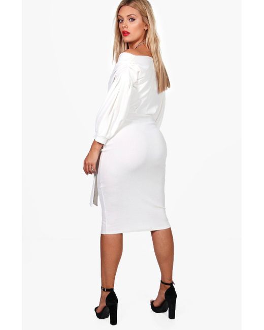 plus off the shoulder wrap midi dress
