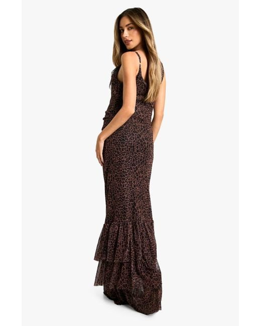 Boohoo Brown Maternity Leopard Print Mesh Ruffle Hem Detail Strappy Maxi Dress