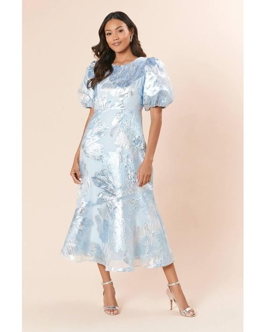 dorothy perkins blue lace dress Women's Lace Trim V Neck Puff Sleeve Midi Dress, denim-blue