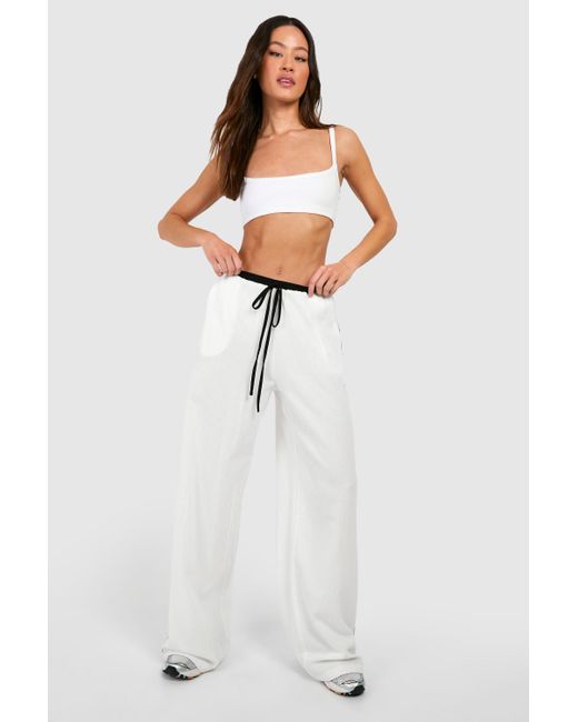 Boohoo White Tall Linen Contrast Piping Wide Leg Pants