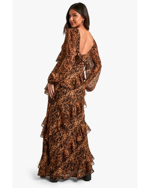 Boohoo Brown Leopard Ruffle Chiffon Maxi Dress