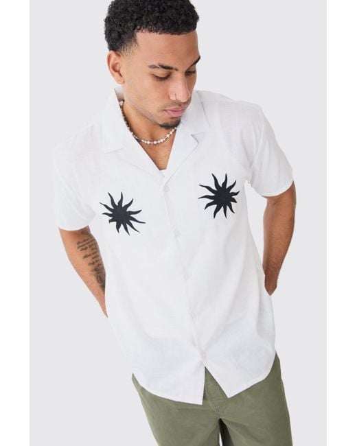 BoohooMAN White Oversized Linen Look Sun Embroidered Shirt for men