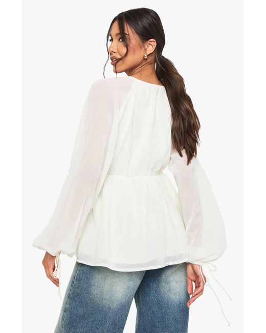 Boohoo Women's White Chiffon Puff Sleeve Blouse