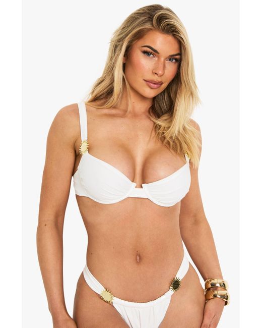 Boohoo Blue Sunshine Charm Trim Balcony Underwired Bikini Top