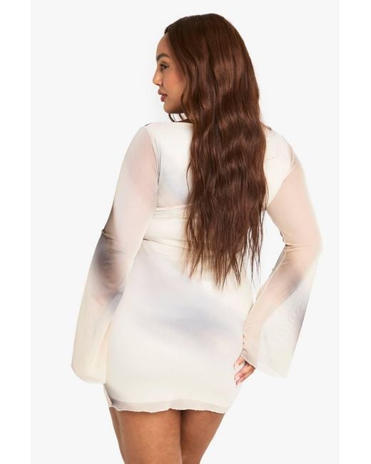 Boohoo White Plus Abstract Mesh Ruched Mini Dress
