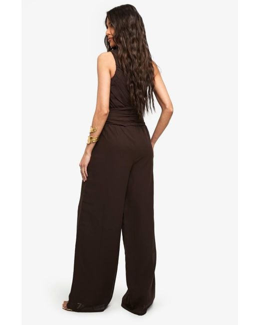 Boohoo Brown Chiffon One Shoulder Ruched Jumpsuit