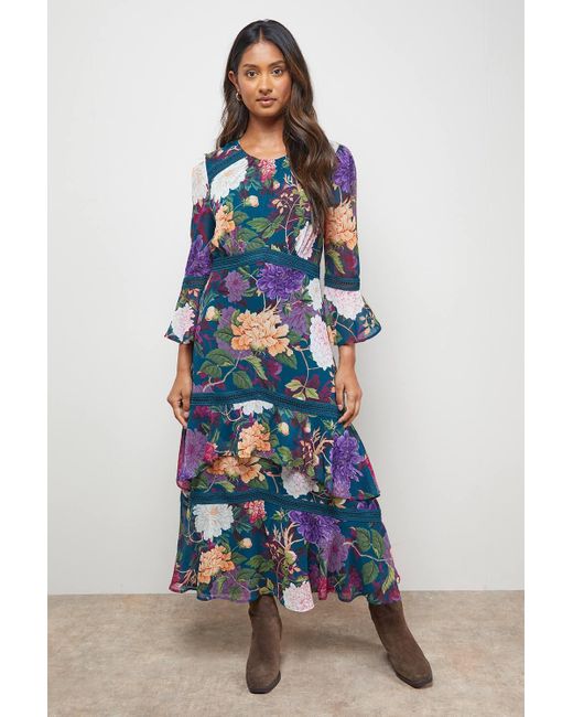 Oasis Blue Printed Tiered Fluted Sleeve Lace Insert Midi Dress
