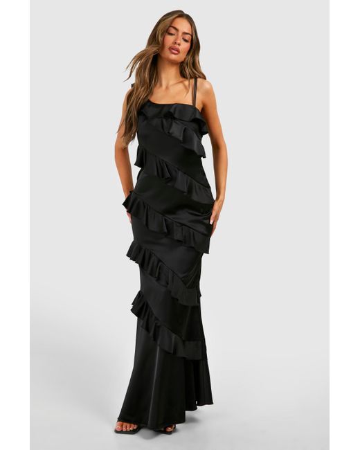 Boohoo Black Satin Ruffle Asymmetric Maxi Dress