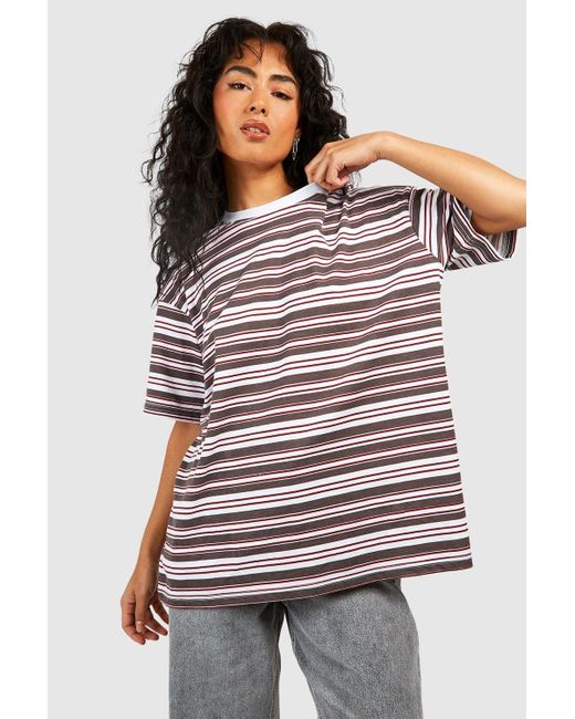 Boohoo Brown Basic Cotton Oversized Striped T-shirt