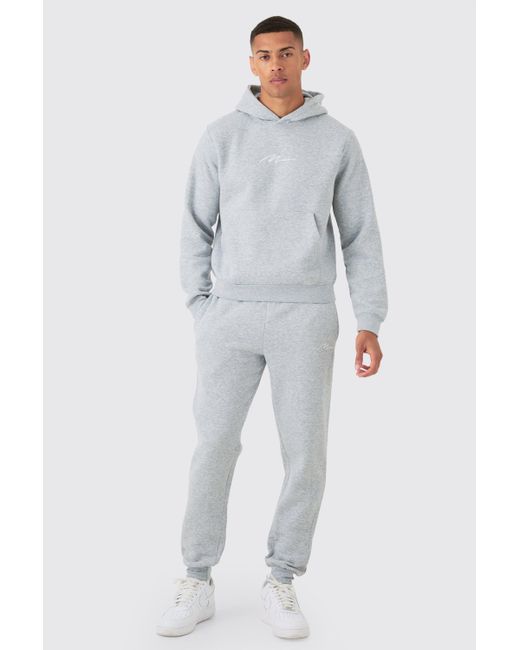 BoohooMAN Gray Signature Boxy Hooded Tracksuit for men