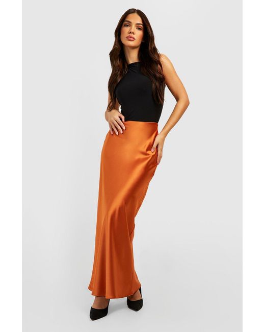 Boohoo Orange Satin Bias Maxi Slip Skirt