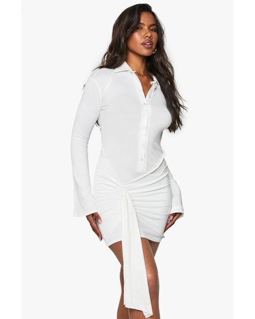 Boohoo White Button Down Drape Mini Dress