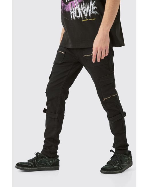 BoohooMAN Skinny Stretch Zip Multi Strap Cargo Trouser in Black für Herren