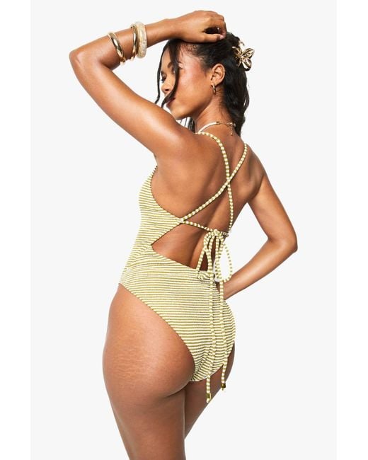 Boohoo Green Textured Stripe Scoop Swimsuit