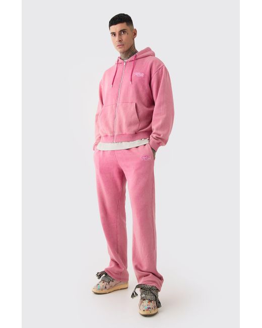 BoohooMAN Tall Oversized Man Boxy Zip Hooded Acid Wash Tracksuit in Pink für Herren