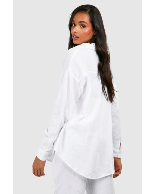 Boohoo White Tall Crinkle Cotton Oversized Beach Shirt