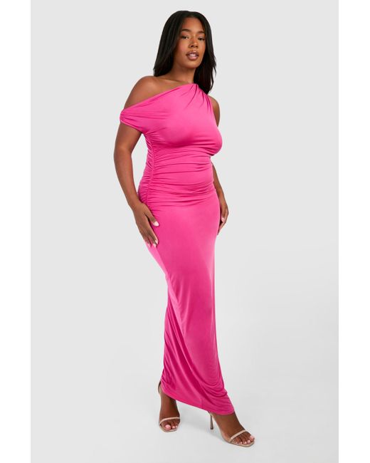 Boohoo Pink Plus Twisted Ring Detail Off The Shoulder Asymmetric Maxi Dress