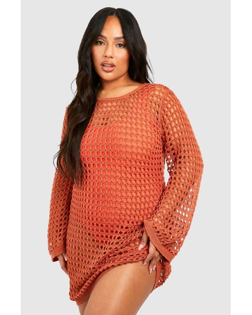 Boohoo Orange Plus Crochet Open Back Beach Mini Dress