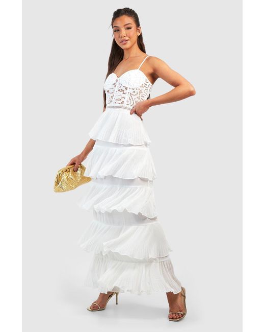 Boohoo White Lace Corset Detail Pleated Maxi Dress