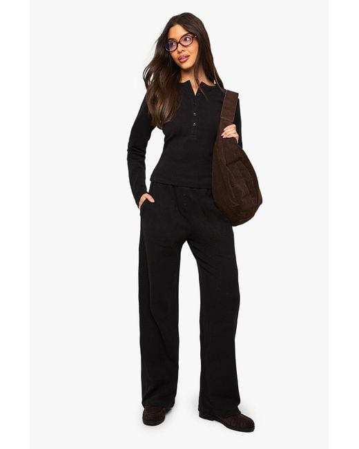 Boohoo Black Cotton Button Through Crew Neck Top & Trouser Co Ord