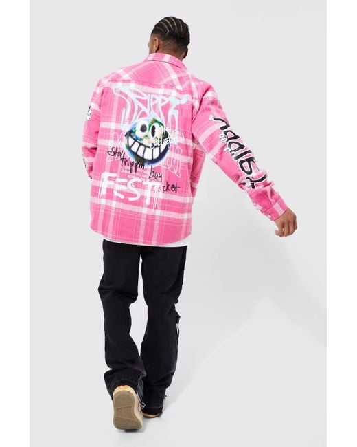 BoohooMAN Pink Oversized Trippy Printed Check Shirt for men