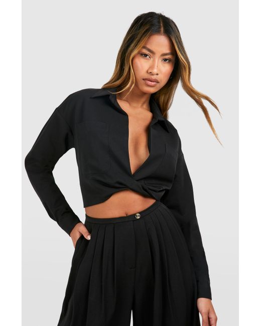 Boohoo Black Linen Look Relaxed Fit Twist Front Shirt