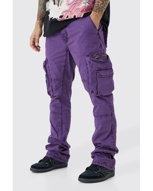 BoohooMAN Purple Slim Flare Gusset Overdye Acid Wash Trouser for men