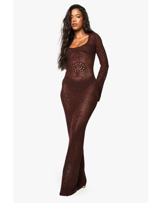 Boohoo Red Long Sleeve Crochet Beach Dress