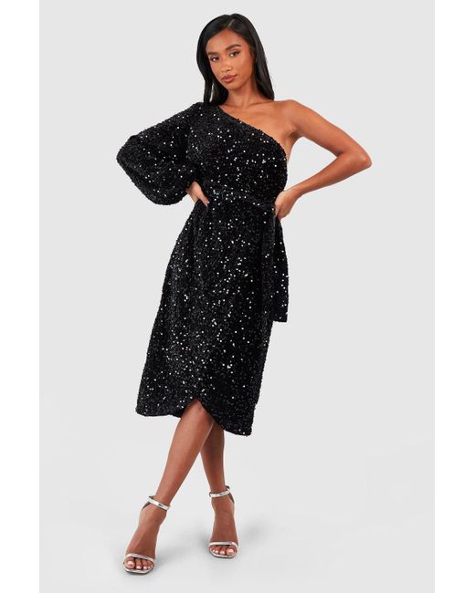 Boohoo Black Petite Velvet Sequin Asymmetric Wrap Midi Dress