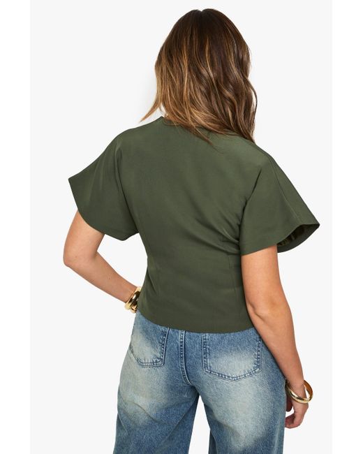 Woven Button Cap Sleeve Top Boohoo de color Green