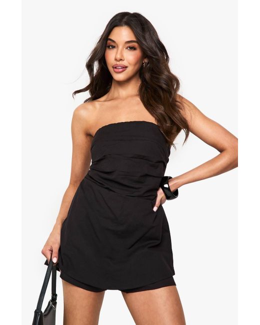 Boohoo Black Linen Ruched Bandeau Skort Playsuit
