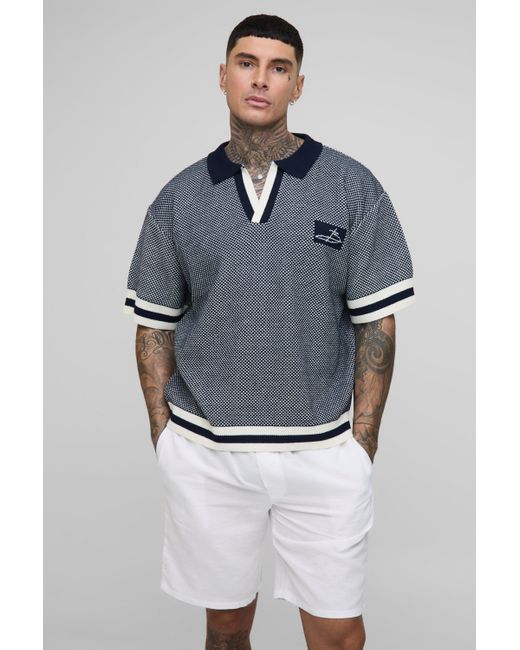 BoohooMAN Blue Tall Contrast Edge Open Knit Boxy Oversized Polo Shirt for men