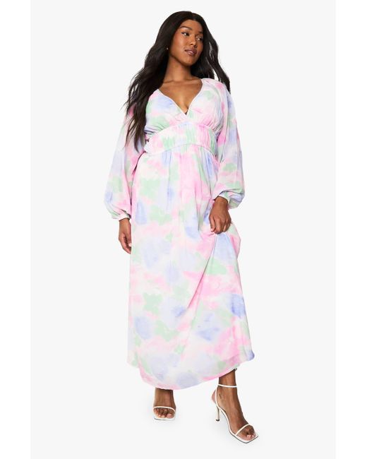 Boohoo White Plus Floral Chiffon Ruffle Volume Sleeve Maxi Dress