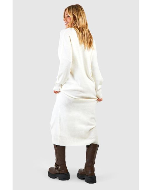 Boohoo White V Neck Collared Knitted Midi Dress